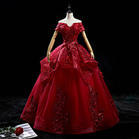 Ball Gown Luxurious Floral Quinceanera Prom Dress Off Shoulder Short Sleeve Floor Length Tulle with Sequin Appliques 2020