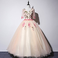 Ball Gown Luxurious Floral Quinceanera Prom Dress V Neck Half Sleeve Floor Length Tulle with Embroidery Appliques 2020