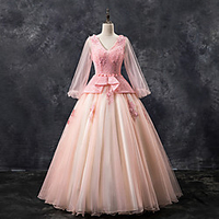 Ball Gown Luxurious Peplum Quinceanera Prom Dress V Neck Long Sleeve Floor Length Tulle with Sash / Ribbon Appliques 2020
