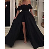 Ball Gown Minimalist Sexy Wedding Guest Formal Evening Dress Off Shoulder Sleeveless Detachable Satin with Overskirt 2020