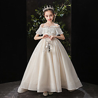 Ball Gown Sweep / Brush Train Formal Evening / Pageant Flower Girl Dresses - Tulle / Sequined Short Sleeve Spaghetti Strap / Off Shoulder with Beading / Appliques / Solid