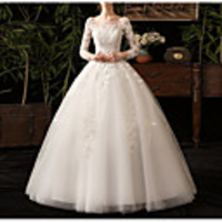 Ball Gown Wedding Dresses Bateau Neck Floor Length Lace Tulle Long Sleeve Country Backless Illusion Sleeve with Appliques 2020 / Yes