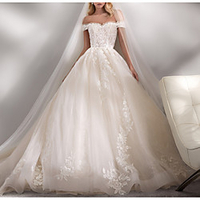 Ball Gown Wedding Dresses Off Shoulder Chapel Train Lace Tulle Short Sleeve Formal Luxurious with Appliques 2020