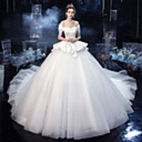 Ball Gown Wedding Dresses Off Shoulder Watteau Train Organza Short Sleeve Formal Sparkle Shine Elegant with Pleats Ruffles 2020