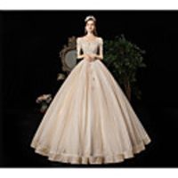 Ball Gown Wedding Dresses Square Neck Floor Length Tulle Short Sleeve Formal Romantic Sparkle Shine Elegant with Beading Appliques 2020