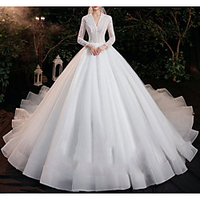 Ball Gown Wedding Dresses V Neck Watteau Train Lace Tulle Long Sleeve Formal Luxurious Sparkle Shine Elegant with Pleats Beading 2020
