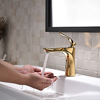 Bathroom Sink Faucet - Golden Centerset Single Handle One Hole Bath Taps Deck Mounted Wash Room Vanity Vessel Sink Hot Cold Water Mixer Tap for Home Hotel Shower Room