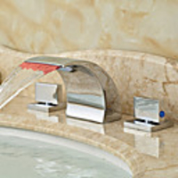 Bathroom Sink Faucet - LED / Widespread / Waterfall Chrome Deck Mounted Two Handles Three HolesBath Taps