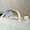 Bathroom Sink Faucet - LED / Widespread / Waterfall Nickel Brushed Deck Mounted Two Handles Three HolesBath Taps