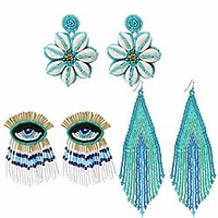 beaded earrings oversized handmade seed beaded drop earrings long beaded navajo indian dangle earrings for women ladies 3pairs (mz3-blue)