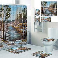 Beautiful Scenery Printed Bathtub Curtain Liner Covered With Waterproof Fabric Shower Curtain For Bathroom Home Decoration With Hook Floor Mat And Four-piece Toilet Mat
