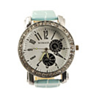 Big Dial PU Leather Band Crystal Characteristic Women Girl Ladies Wrist Watch - Light Blue