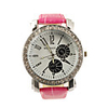 Big Dial PU Leather Band Crystal Characteristic Women Girl Ladies Wrist Watch - Pink