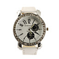 Big Dial PU Leather Band Crystal Characteristic Women Girl Ladies Wrist Watch - White