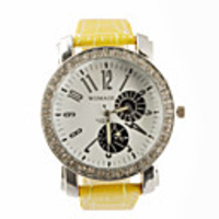 Big Dial PU Leather Band Crystal Characteristic Women Girl Ladies Wrist Watch - Yellow