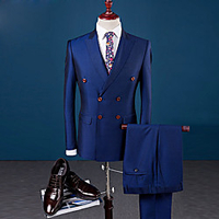 Black / Blue Solid Colored Tailored Fit Polyester Suit - Peak Double Breasted Four-buttons / Suits miniinthebox
