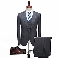 Black / Navy Blue / Gray Striped Tailored Fit Polyester Suit - Peak Single Breasted One-button / Suits miniinthebox