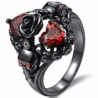 black gold plated skull gothic death rose wedding statement cocktail party biker ring (black red,  12)