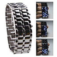 Black Metal Strip Digital Lava Style Iron Sport Mens Blue LED Faceless Wrist Watch
