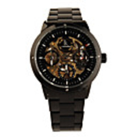Black Stainless Steel Band Skeleton Automatic Wristwatch Golden