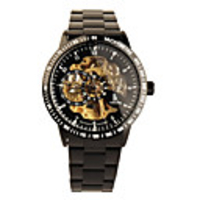 Black Stainless Steel Band Skeleton Luminous Men Automatic Wristwatch Golden Black