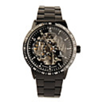 Black Stainless Steel Band Skeleton Luminous Men Automatic Wristwatch Silvery Black