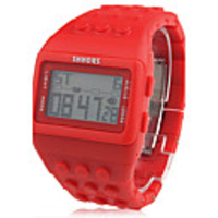 Block Bricks Design Band Wrist Watch with LED Night Light - Red