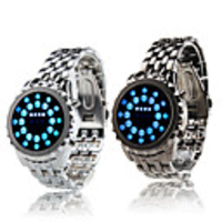 Blue LED Couple Mirror Watches with Black and Silver Metal Strap