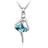Blue Shining Crystal And Platinum Plated Alloy Ballerina Girl Shaped Pendant Necklace