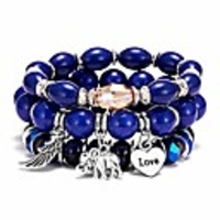 bohemian bracelets set for women girls multilayer stretch stackable wing tassel love charm crystal beaded beach boho natural stone (elephant blue)