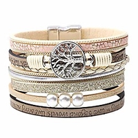 boho tree of life multilayer leather wrap bracelet, handmade braided magnetic buckle gorgeous cuff casual bangle