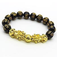 bracelet feng shui black obsidian wealth bracelet for women men adjustable elastic (2pcs double pixiu mantra,  14mm bead)