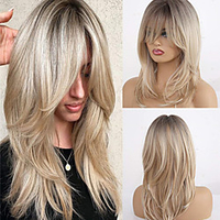 Brown Ombre Ashy Silver Wigs with Bangs Wavy Hair Synthetic Glueless Wigs for Women 18 inch LANOVA-137 miniinthebox