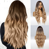 Brown Wigs for Women Ombre Blonde Brown Long Wig with Bangs Middle Part Hair Wig Cosplay Natural Heat Resistant Synthetic Wigs for Women 24inch miniinthebox
