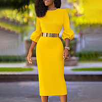 bubble three-quarter sleeves high waist plus size slim yellow casual pencil skirt dress female dress factory direct sales miniinthebox