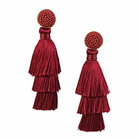 burgundy tassel earring for women 3 tiered layered boho statement long fringe featuring 2mm glass seed beaded stud vintage chandelier dangle earring