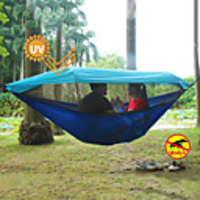 Camping Hammock with Pop Up Mosquito Net Outdoor Portable Lightweight Sunscreen UV Resistant Breathable Parachute Nylon with Carabiners and Tree Straps for 1 - 2 person Hunting Fishing Camping Blue