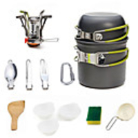 Camping Pot with Pan Cookware Sets 9pcs Lightweight Windproof Rain Waterproof Hard Alumina for 1 - 2 person Outdoor Fishing Camping Grey