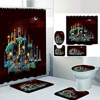 Castle Crimson Bottom Digital Printing Four-piece Set Shower Curtains and Hooks Modern Polyester Machine Made Waterproof Bathroom