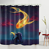Cat Clock Fish Digital Printing Shower Curtain Shower Curtains Hooks Modern Polyester New Design