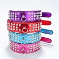Cat Dog Collar Reflective Rhinestone PU Leather Purple Red