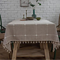 Checkered Embroidered Tablecloth Pure Color Cotton And Linen Cloth Tassels Rectangular Coffee Table Dining Table Mat