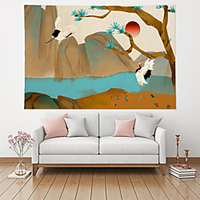 Chinese Ink Painting Style Wall Tapestry Art Decor Blanket Curtain Hanging Home Bedroom Living Room Decoration Polyester Crane Mountain Tree