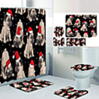 Christmas Hat Dog Digital Printing Four-piece Set Shower Curtains and Hooks Modern Polyester Machine Made Waterproof Bathroom