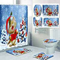 Christmas Kitten Pattern Printing Bathroom Shower Curtain Leisure Toilet Four-Piece Design