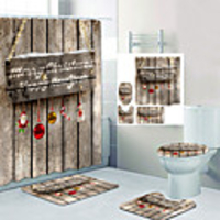 Christmas Pendant On Wooden Board Digital Printing Four-piece Set Shower Curtains and Hooks Modern Polyester Machine Made Waterproof Bathroom