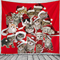 Christmas Santa Claus Holiday Party Wall Tapestry Art Decor Blanket Curtain Picnic Tablecloth Hanging Home Bedroom Living Room Dorm Decoration Cute Cat Polyester