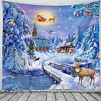 Christmas Santa Claus Holiday Party Wall Tapestry Art Decor Blanket Curtain Picnic Tablecloth Hanging Home Bedroom Living Room Dorm Decoration Elk Snow Gift Polyester