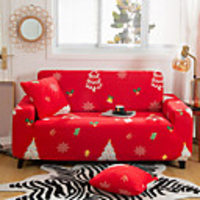 Christmas Tree Printed Red Sofa Cover Stretch Couch Cover Sofa Slipcovers for 1~4 Cushion Couch with One Free Pillow Case for Christmas Decoration