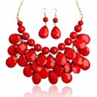 chunky acrylic jewel cluster floating bubble statement necklace - teardrop dangle layered bib collar (peach pink)